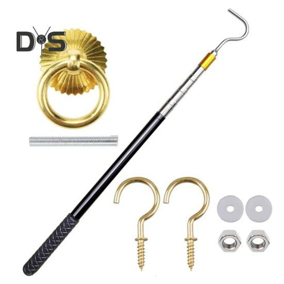 Ladder Pull Down System Kit 64-inch Telescopic Rod Attic Pull Down System Stainless Steel Ladder Pull Hook Set for Cord Ropes
