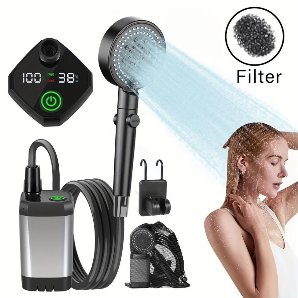 Upgrade Portable Shower With Smart Digital Display And Filter Sponge, 6000mah Usb Rechargeable Battery, Lightweight Camping Shower For Outdoor,camping