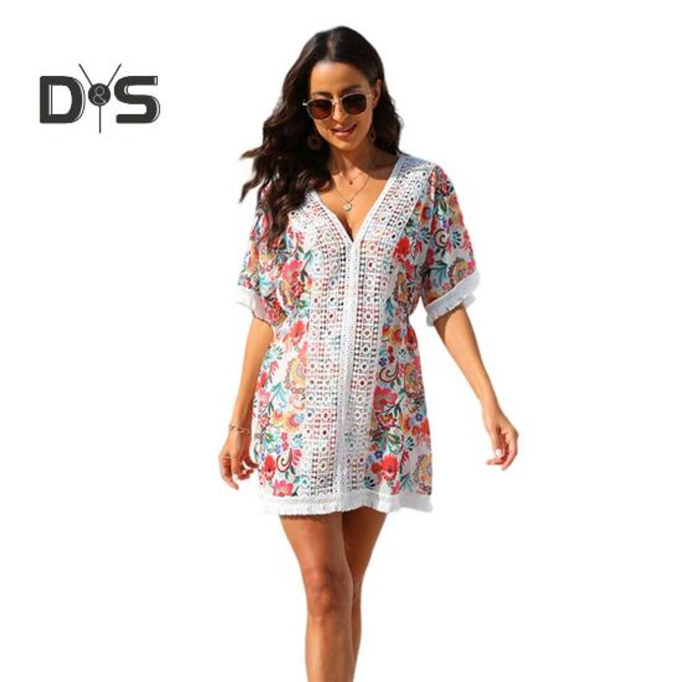 Women Summer Beach Dress Deep V Neck Patchwork Colorful Flower Print Lace Bat Sleeves Tassel Sun Protection Anti Uv Holiday Swimsuit Cover Up