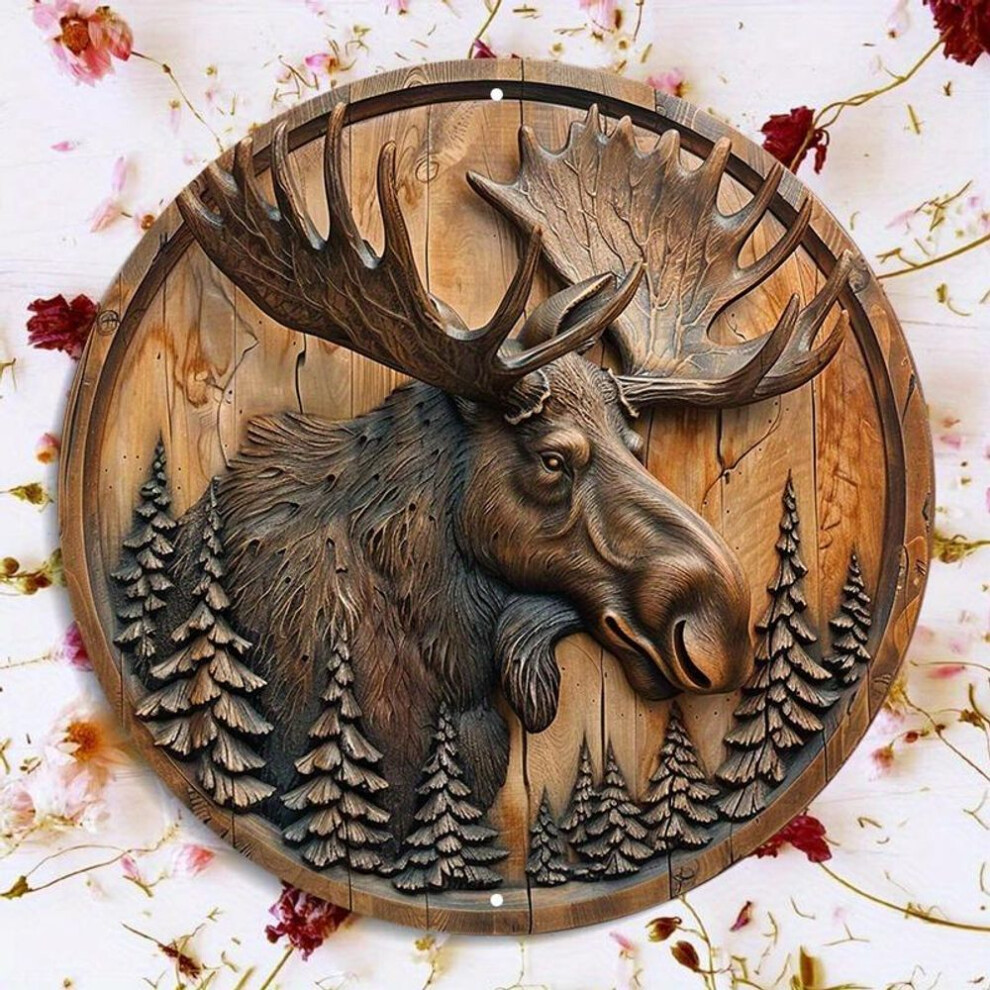 Wood Moose And Pine Trees Circular Wooden Carving Wall Decor, Waterproof Sign For Indoor And Outdoor Use, Rustic Wreath For Door, Wall, Home, Room