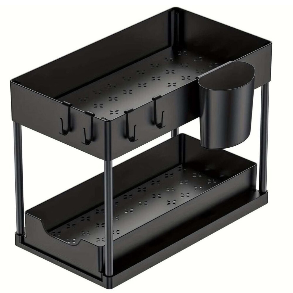 2 Tier Under Sink Organizer Sliding Cabinet Basket Organizer Storage Rack with Hooks Hanging Cup Bathroom Kitchen Organizer