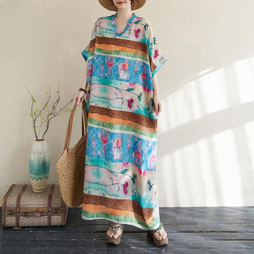 DIMANAF 2025 Women Plus Size Spring Summer Long Dress Casual Dress Basic Loose Floral Cotton Linen Vintage Maxi