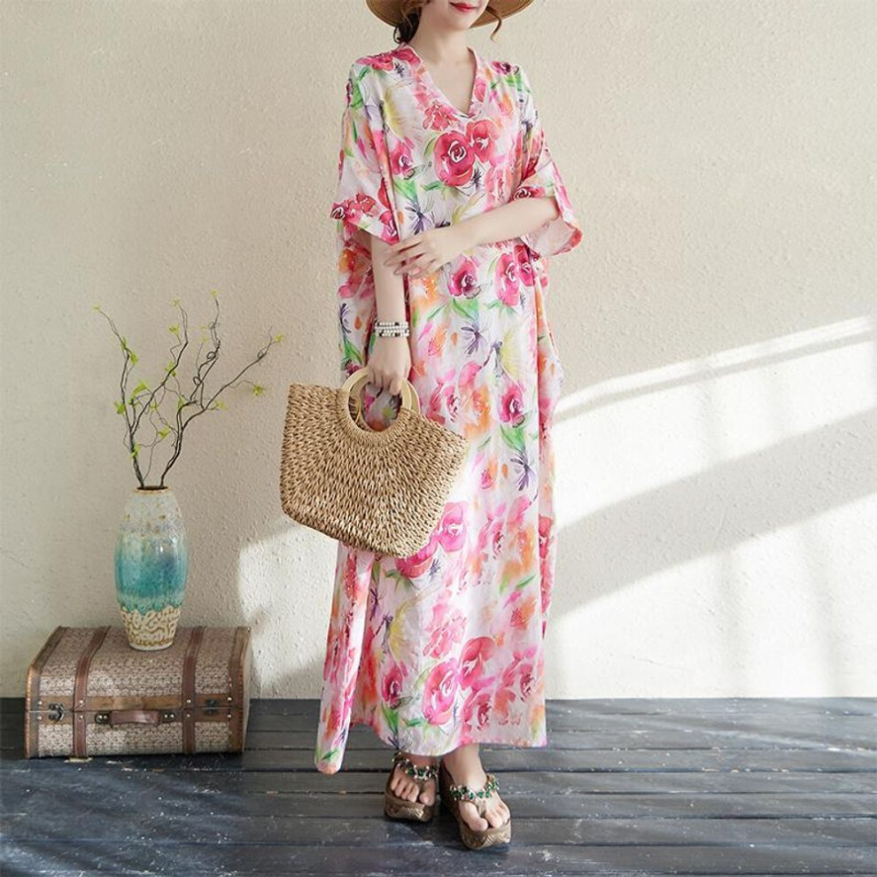 DIMANAF 2025 Women Plus Size Spring Summer Dress Casual Dress Basic Loose Cotton Linen Vintage Floral Maxi