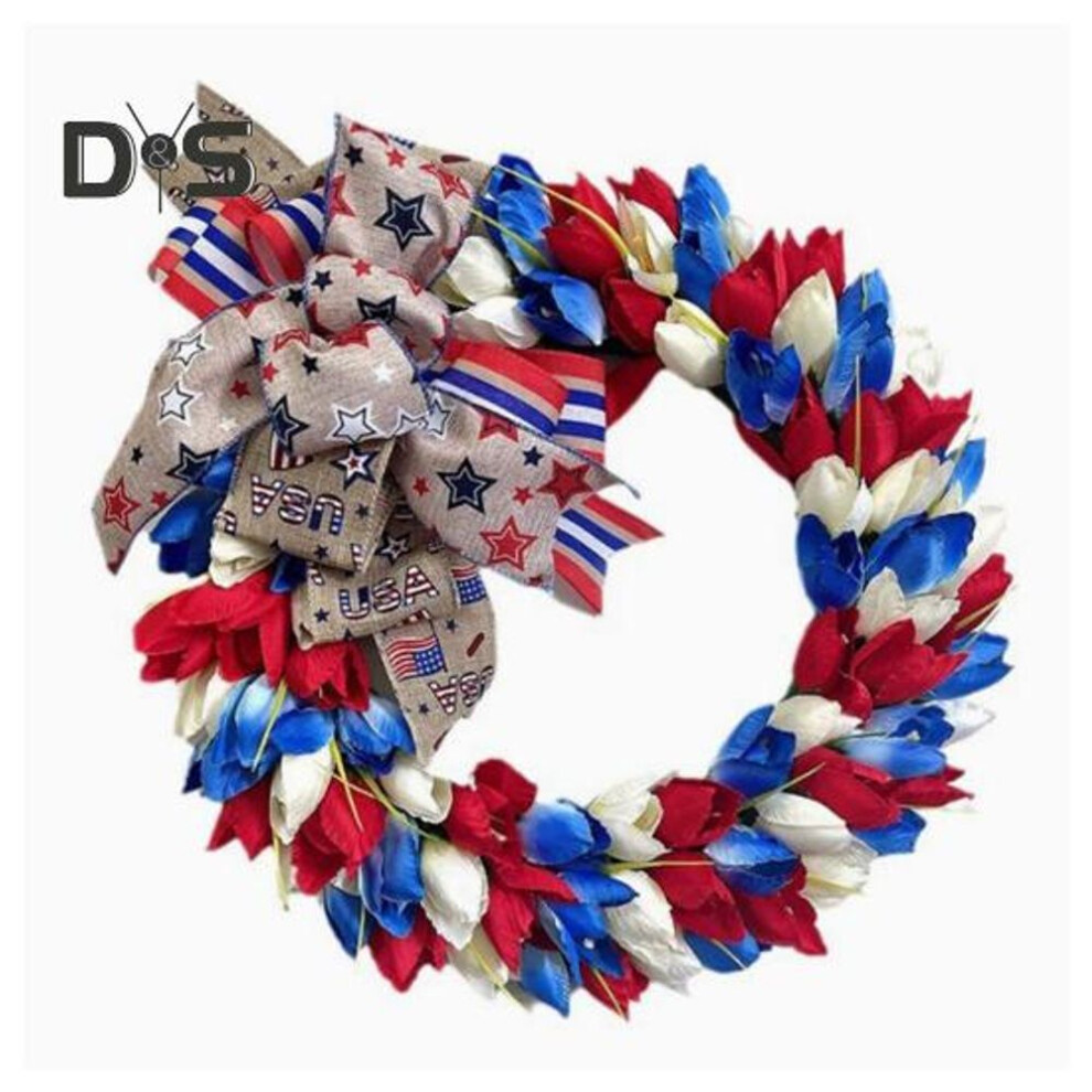 July 4th Wreath 15inch Patriotic Floral Wreath With Burlap Bow Handcrafted Independence Day Garland Decoration For Front Door Wall Home Decor