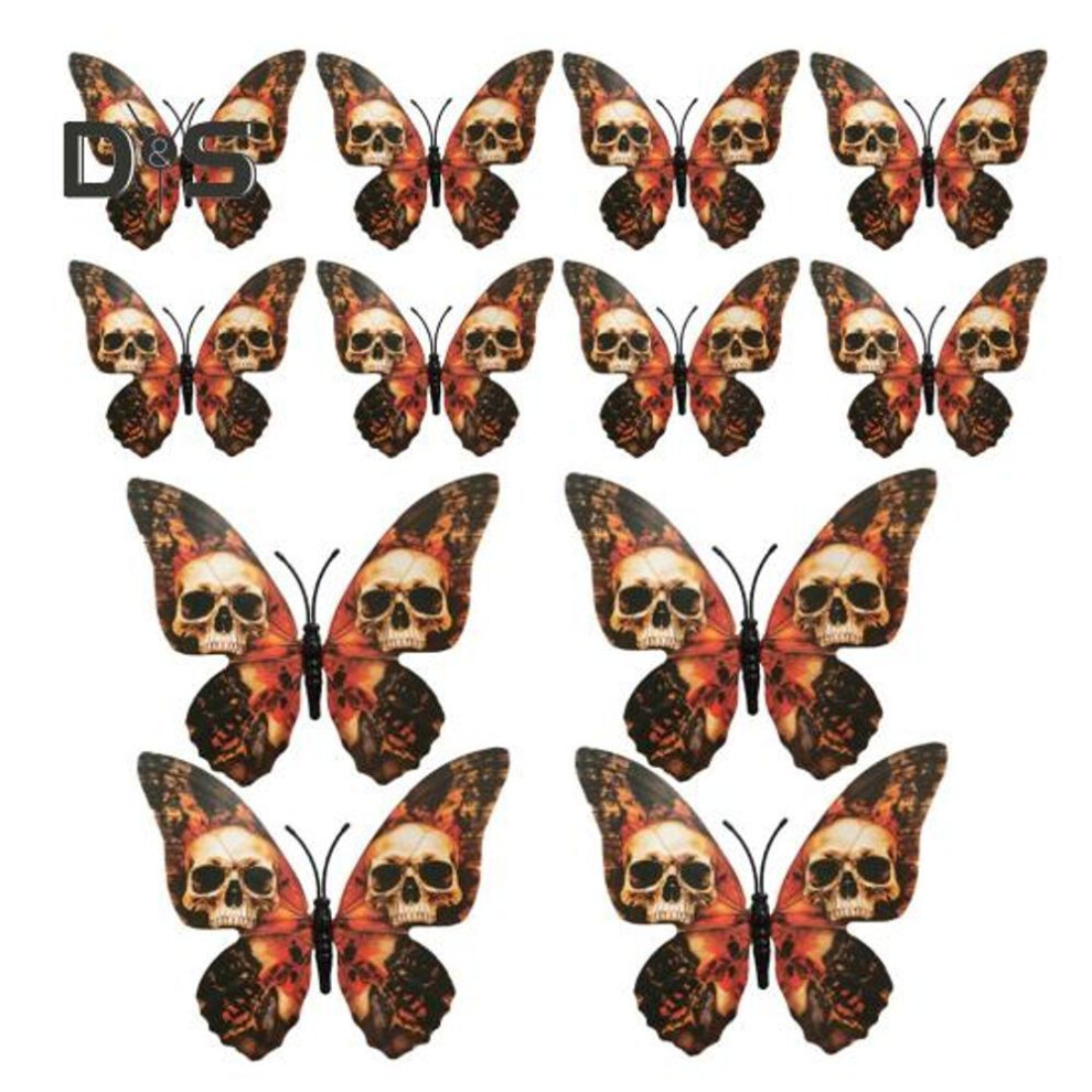 12pcs Halloween Wall Decal 3D Stereo Skull Butterfly Sticker Gothic Vintage Home Decorations For Window Door Refrigerator Decor