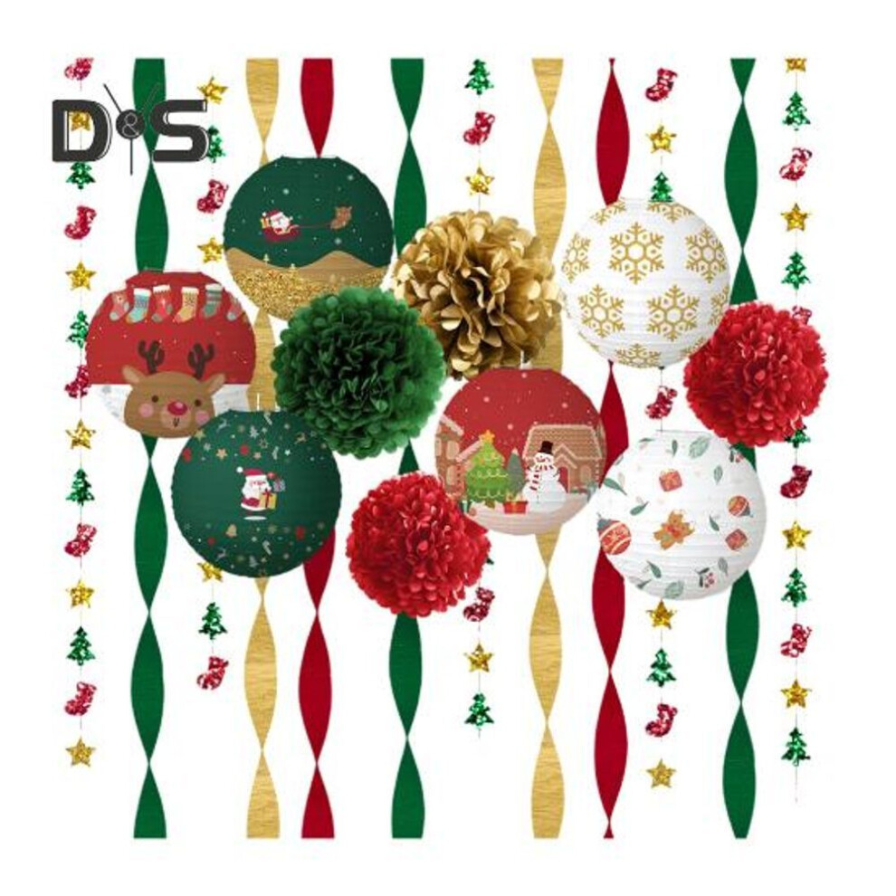 15Pcs Christmas Paper Lantern Decorations Red Green Pom Poms Set Merry Christmas Banner for Indoor Outdoor Party Decor
