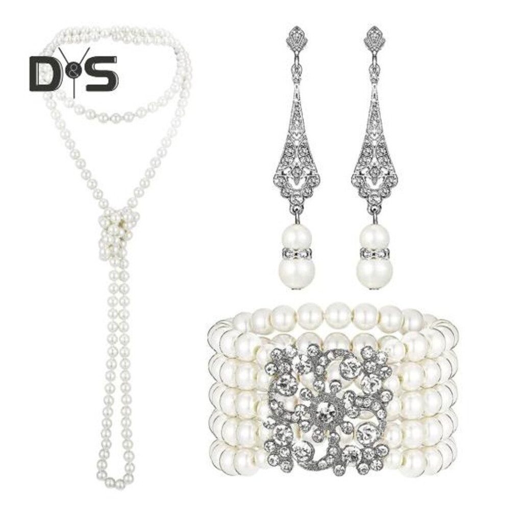 3 Pcs/set Faux Pearl Jewelry Set 1920s Vintage Luxury Style Multi-layered Celebrity Star Formal Party Banquet Wedding Jewelry Necklace Earrings