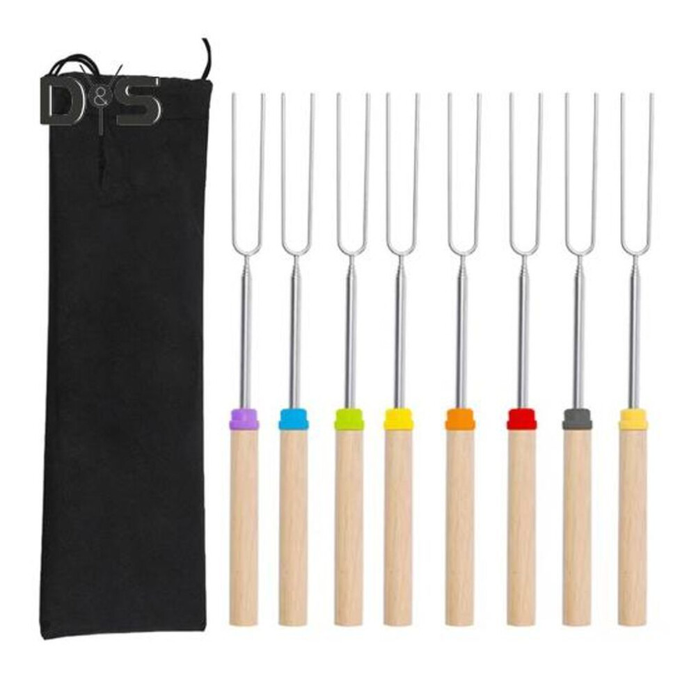 8Pcs Telescopic Barbecue Fork Stainless Steel U-shaped Double Skewers Smores Stick with Storage Bag Rust-proof BBQ Utensil for Hot Dog BBQ Picnic