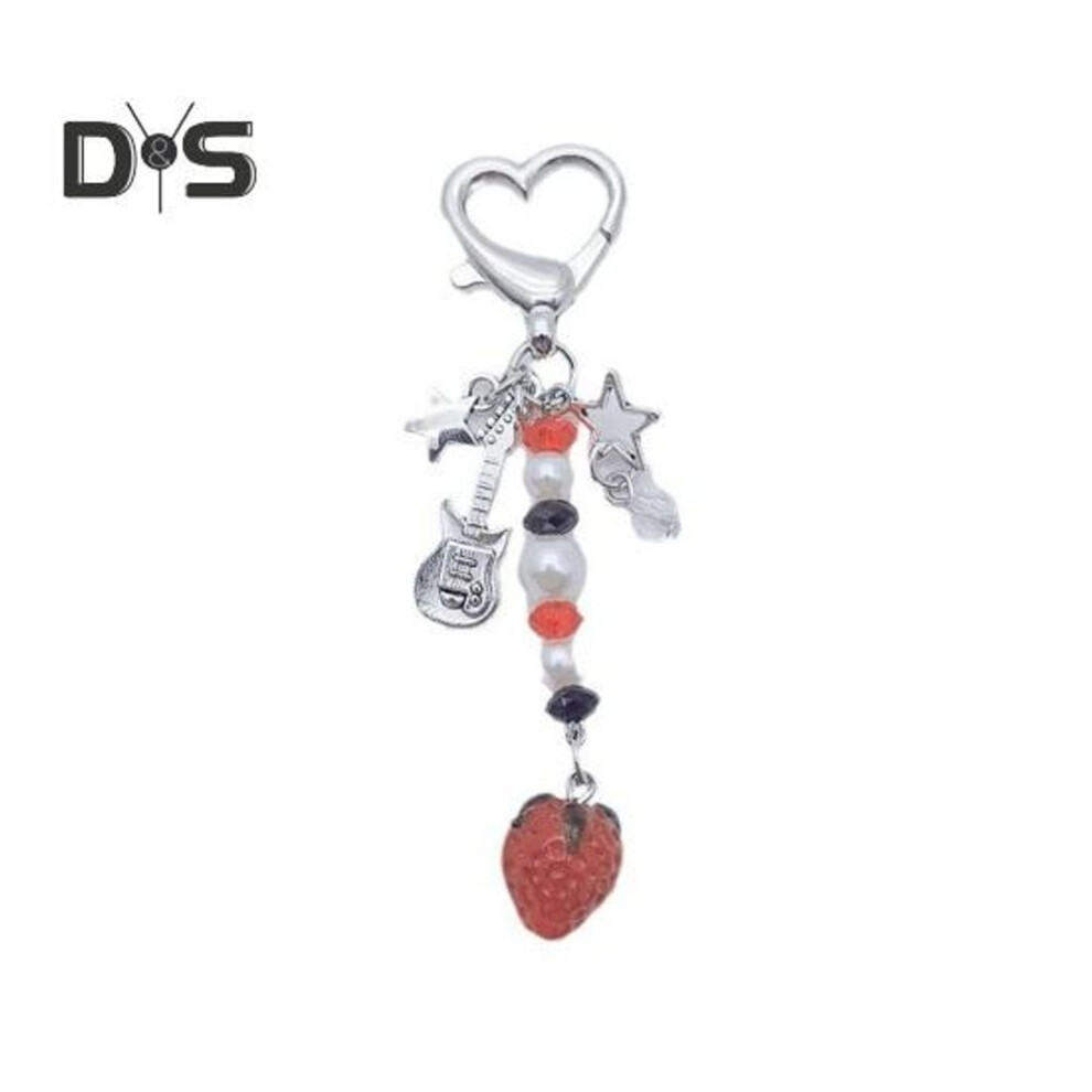 Beaded Strawberry Pendant Sweet Style Aesthetic Star Guitar Heart Shape Stainless Shoulder Bag Schoolbag Decoration Pendant Keychain Charm