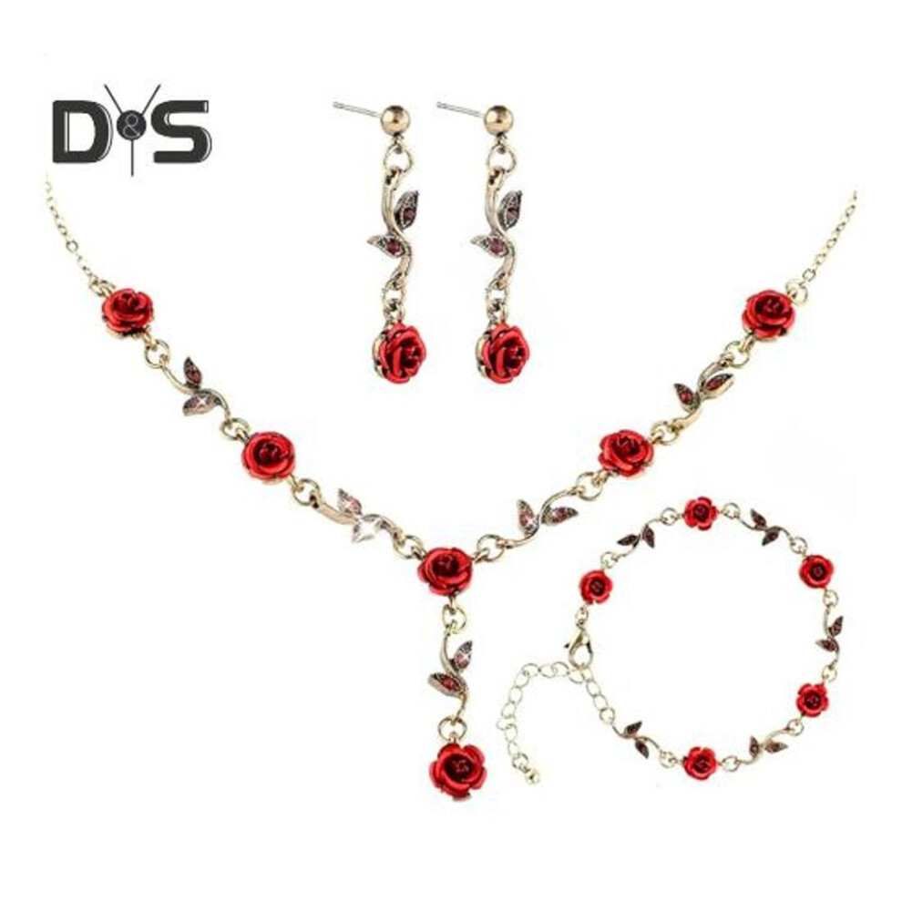 3 Pcs/Set Red Rose Jewelry Set Floral Theme Romance Vintage France Style Valentines Day Mothers Day Present Earrings Adjustable Rhinestone Necklace