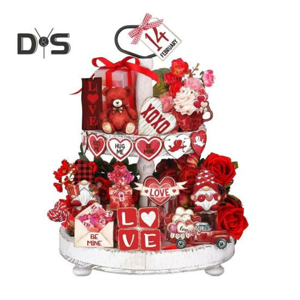 27 Pcs Valentine's Day Decorations Wood Tiered Tray Decor Little Bear Gnome Love Heart Sign Ornaments Table Decor For Wedding Engagement