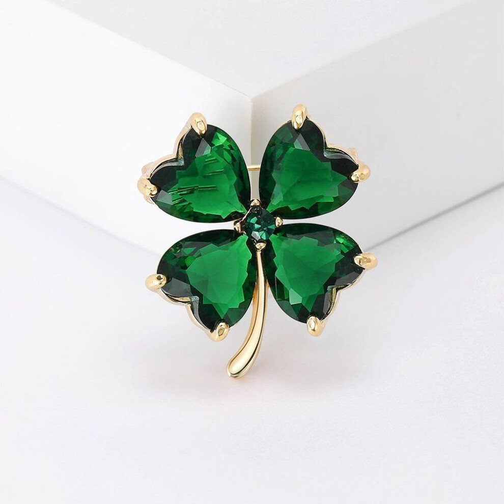 Delicate Crystal Lucky Four Leaf Clover Brooches For Women Retro Emerald Heart Lapel Pin Female Wedding Clothing Jewelry Metal Versatile Accessory