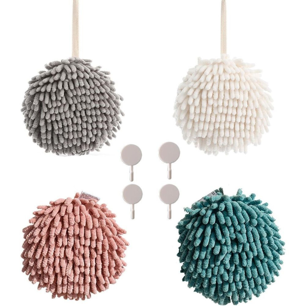 Chenille Hand Towels Set of 4 - Ultra-Absorbent Quick-Dry Hanging Towels for Kitchen & Bathroom, 6.8-Inch Soft Fluffy  - Towel Hooks for Bathrooms