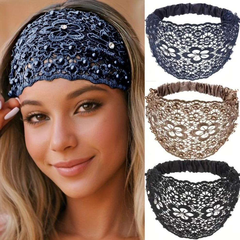 Elegant Beaded & Rhinestone Flower Headbands - 3pcs Set - Wide, Stretchy Hair Accessories for Women | Perfect for Casual Attire