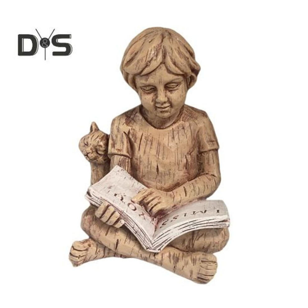 Kids Reading Statue Outdoor Boy Sitting Down Reading Book Figurine with A Cat Resin Yard Art Decoration for Garden Patio Desk Courtyard