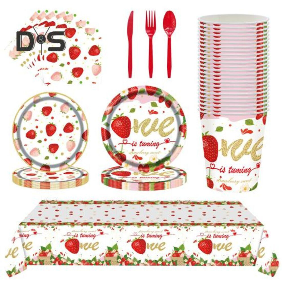Strawberry Party Tableware Set Disposable Plates Cups Napkins Cutlery Tablecloth Set Strawberry Theme Party Supplies For Birthday Baby Shower Wedding