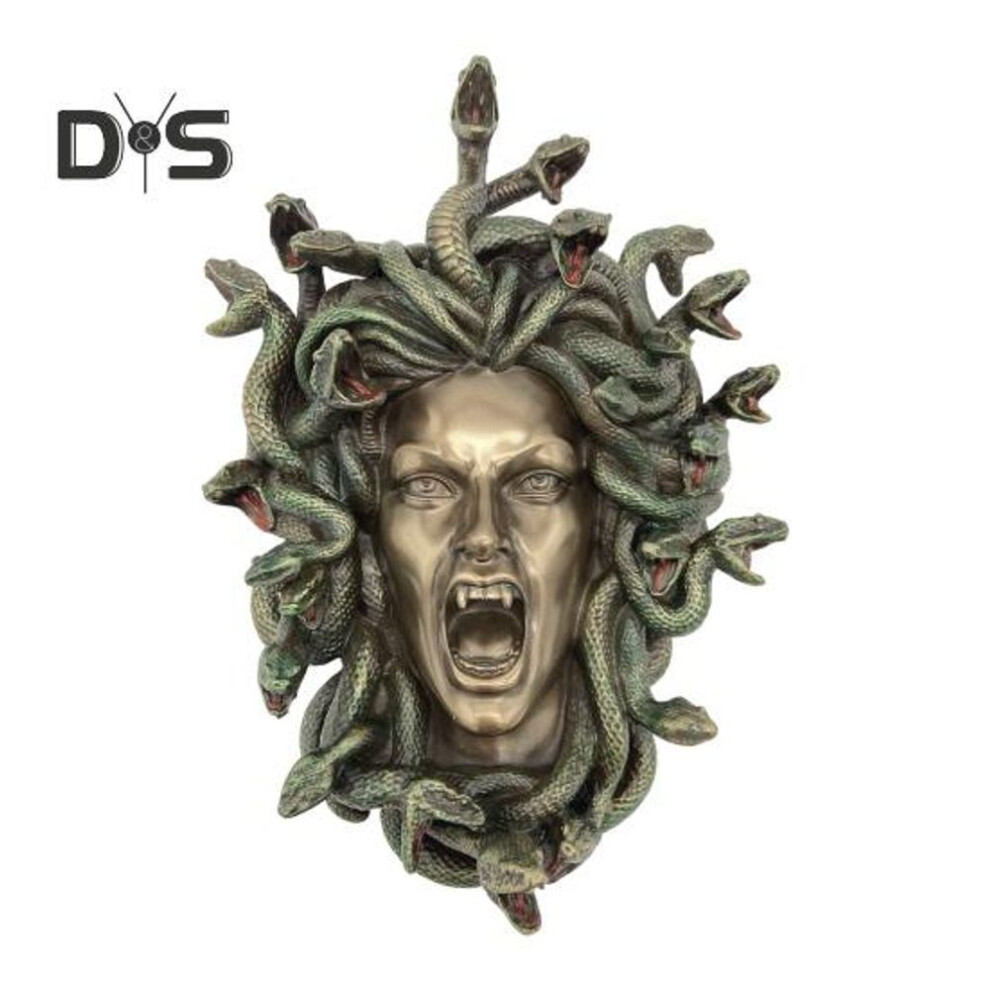 The Gorgon Head Figurine Retro Wall Art Statue Resin Bronze Finish Greek Mythology Gothic Sculpture for Living Room Bedroom Office