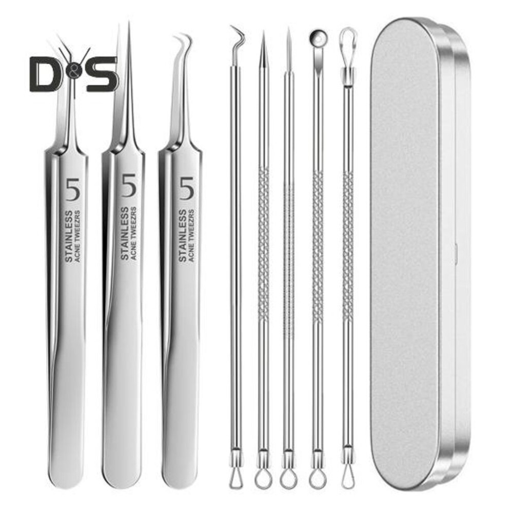 8pcs/set Blackhead Extraction Tool Kit With Storage Box Stainless Steel Double-head Comedones Acne Remover Extractor Nose Face Beauty Tool