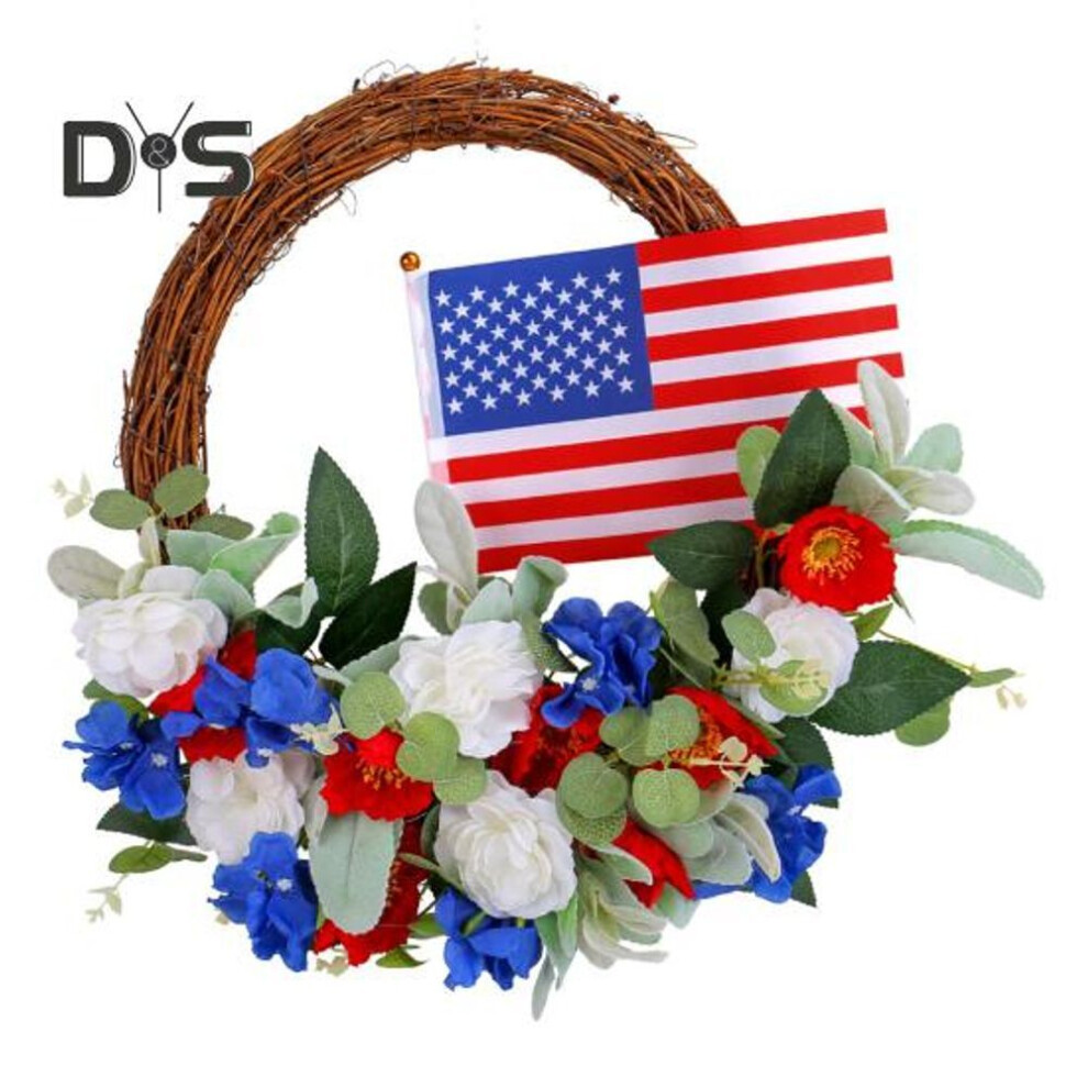 Patriotic Wreath Fourth Of July Rattan Wreath Red White Blue Independence Day Floral Garland For Memorial Day Front Door Wall Decor