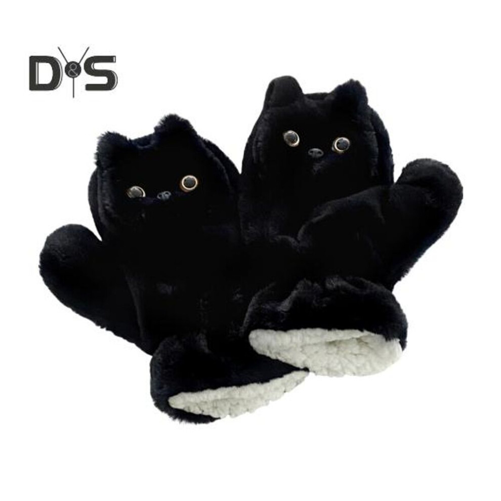 Plush Cat Gloves Winter Warm Cute Fingerless Gloves For Women Furry Faux Fur Black Cat Mittens For Outdoor Activities