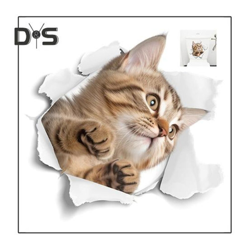 3D Pass Through Cat Toilet Sticker Removable Self-adhesive Waterproof Pvc Living Room Bathroom Wall Art Broken Hole Kitten Toilet Lid Decoration Decal