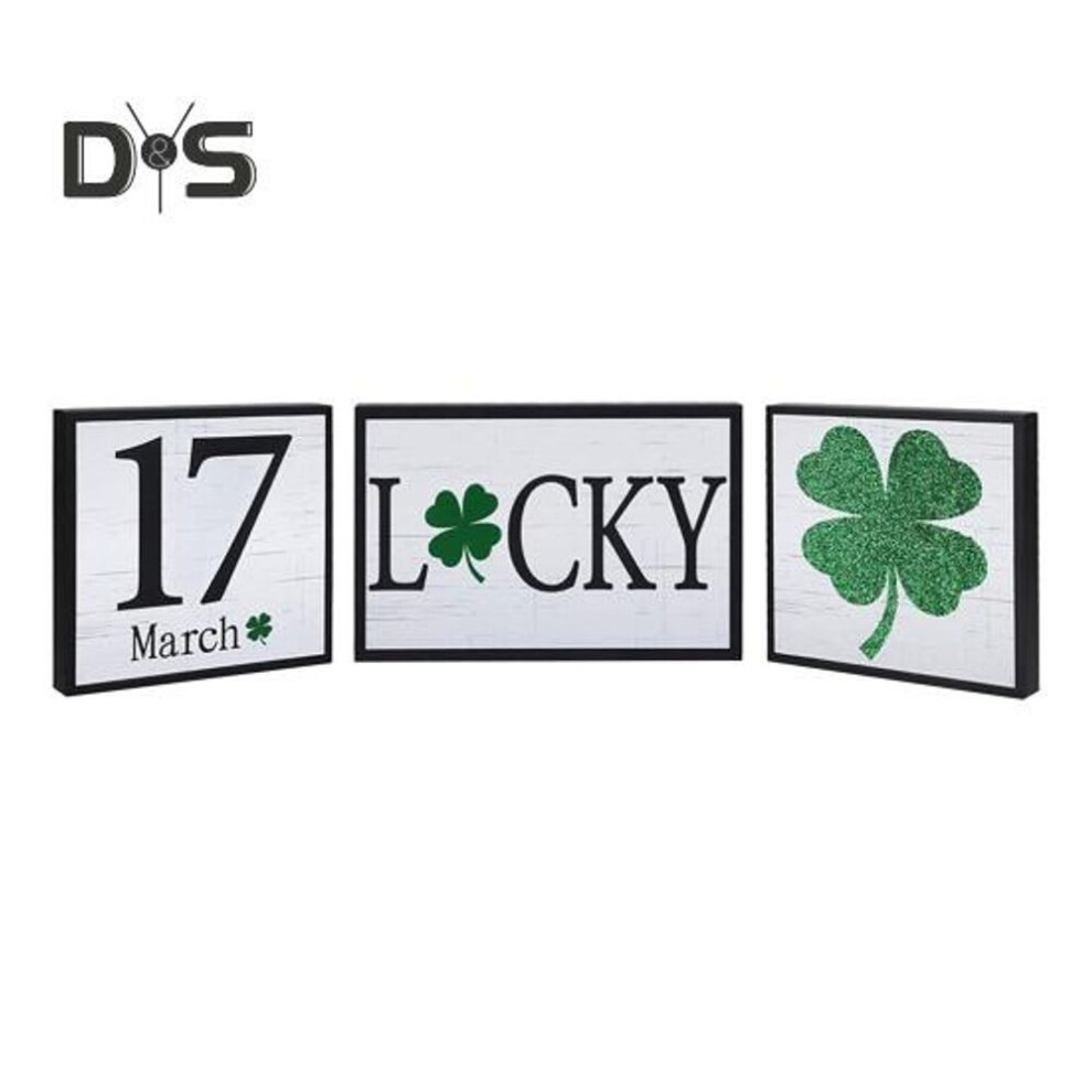 3Pcs/Set Reversible Valentine's Day St. Patrick's Day Table Sign Rustic Double-sided Love Heart Shamrock Wooden Tiered Tray Ornament Table Centerpiece