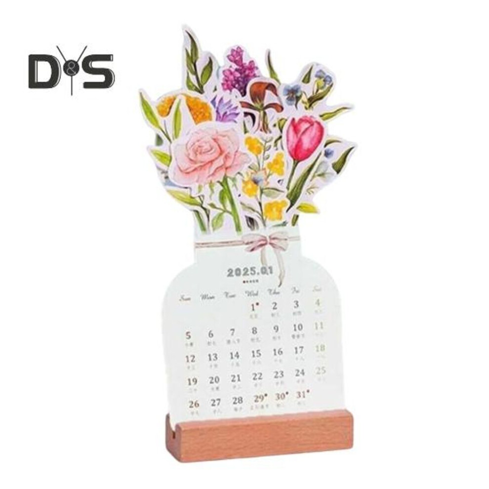 2025 Bloomy Flower Calendar Bloomy Flowers Desk Calendar with Wooden Base Daily Schedule Planner for Bookmark Postcard Wall Decoration