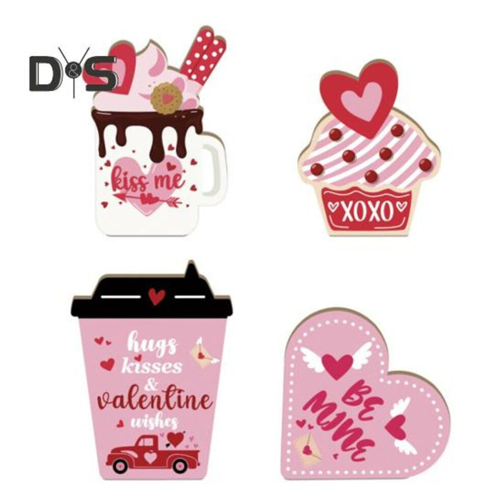 4 Pcs Valentine's Day Hearts Decorations Wooden Heart Ice Cream Cup Coffee Table Centerpieces Tiered Tray Decorations for Anniversaries Weddings