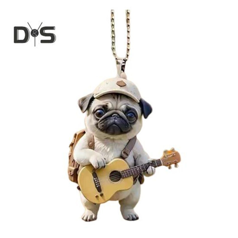 Guitar Dog Acrylic Hanging Decoration Home Indoor Christmas Tree Car Rearview Mirror 2D Flat Pug Puppy Hanging Ornament Cartoon Animal Pendant