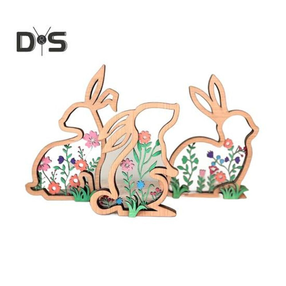 3pcs Easter Flower Bunny Table Sign Farmhouse Rustic Wooden Hollow Rabbit Ornament Spring Easter Home Office Desktop Decoration Holiday Gift