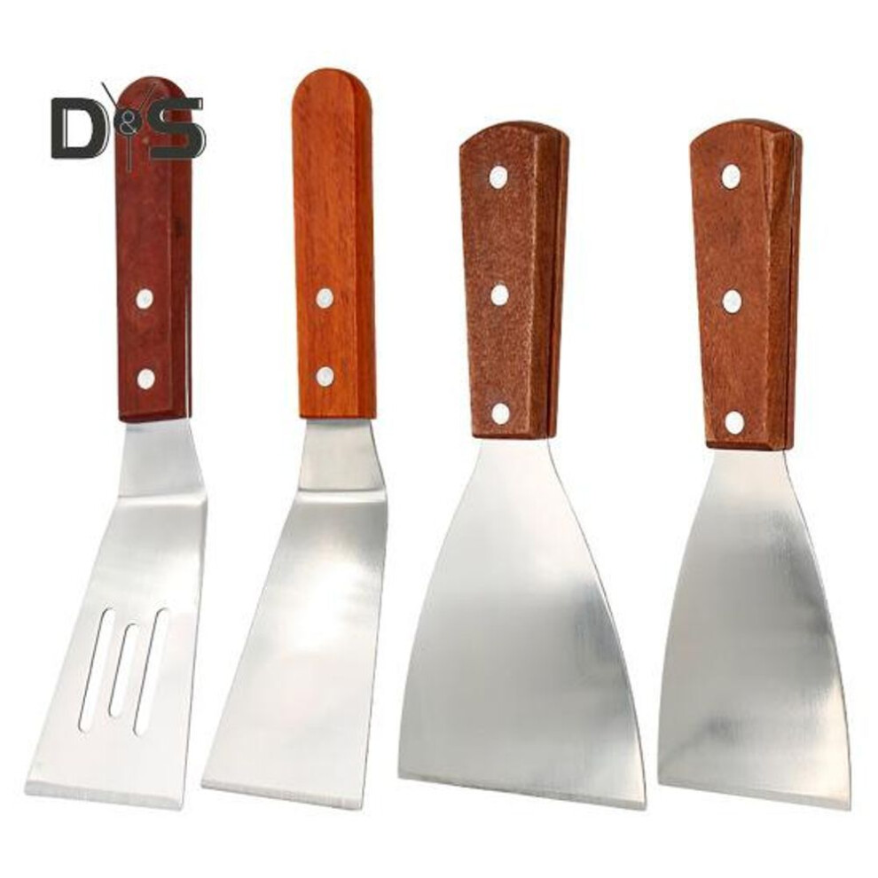 4pcs Stainless Steel Frying Shovel Set With Wooden Handle Heavy Duty Grill Scrapers Flat Top Grill Accessories For Bbq And Camping
