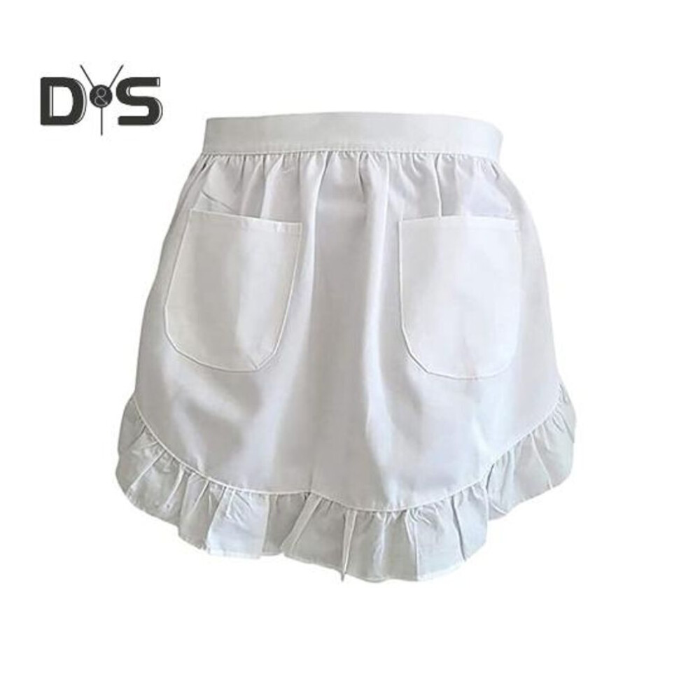Women Maid Costume Apron White Waist Apron with Ruffles And Pockets Kitchen Apron for Cooking Baking Grilling