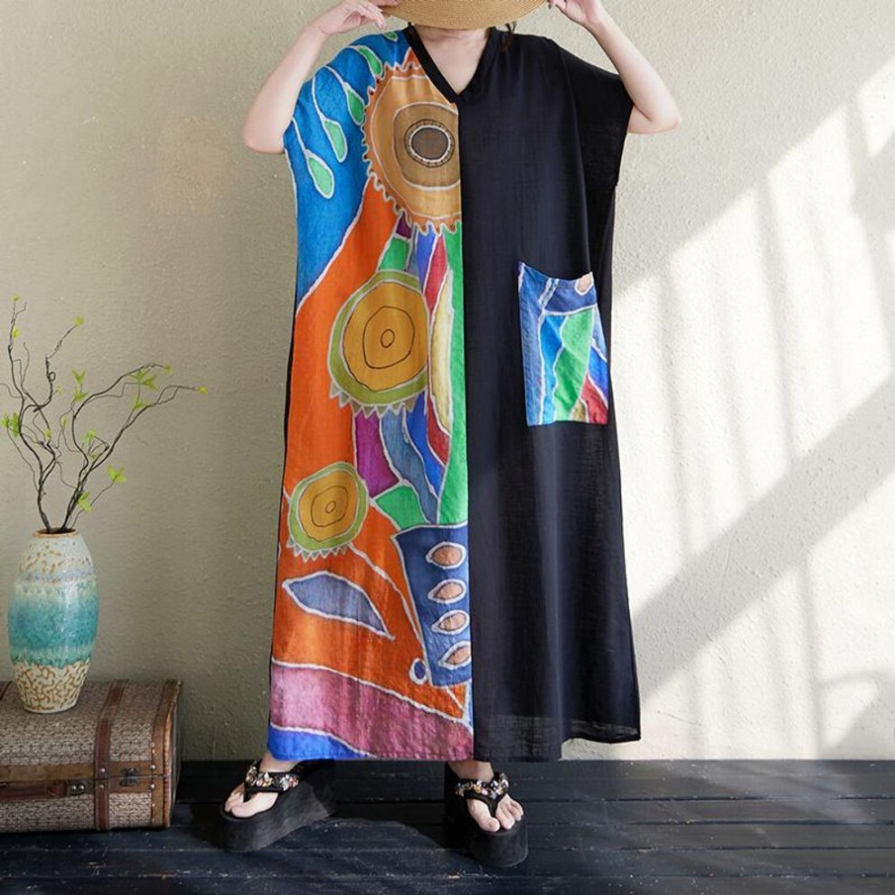 DIMANAF 2025 Summer Women Plus Size Dress Loose Printing Dress Pocket Elegant Basic Vintage Casual Maxi Dress