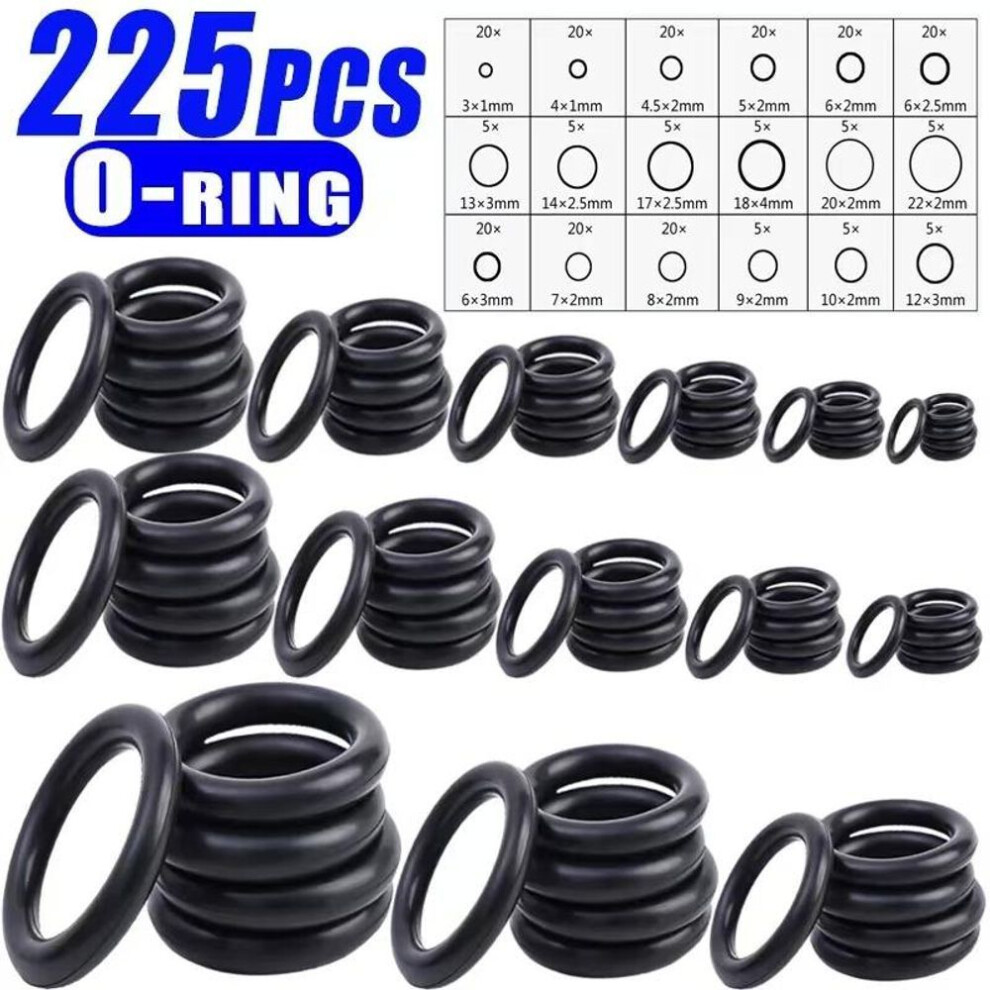225pcs O-Ring Assortment – Oil & Water Resistant Rubber Seals, Various Sizes for Automotive & Machinery Applications