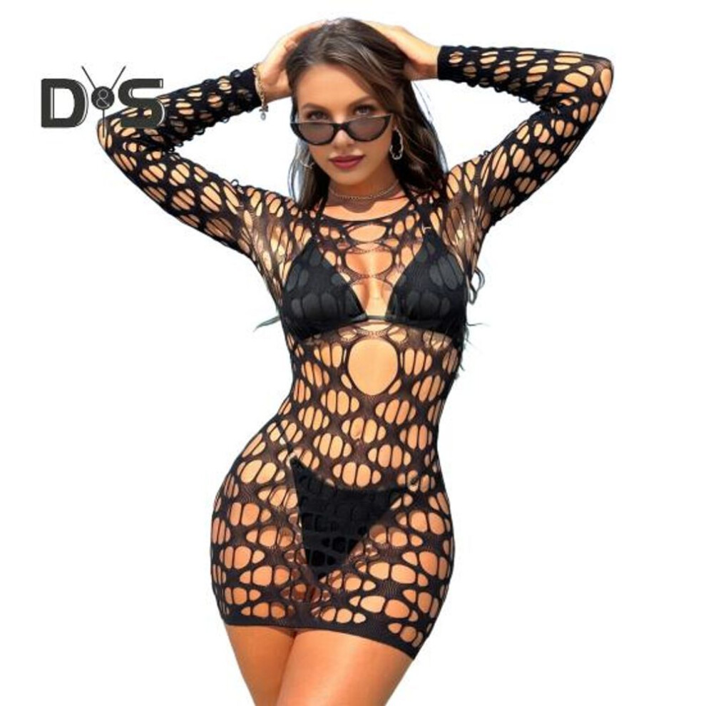 Women Beach Cover Up Round Neck Long Sleeve Hollow Design Fishnet Bikini Cover-up UV Protection Swimsuit Cover Up Dress