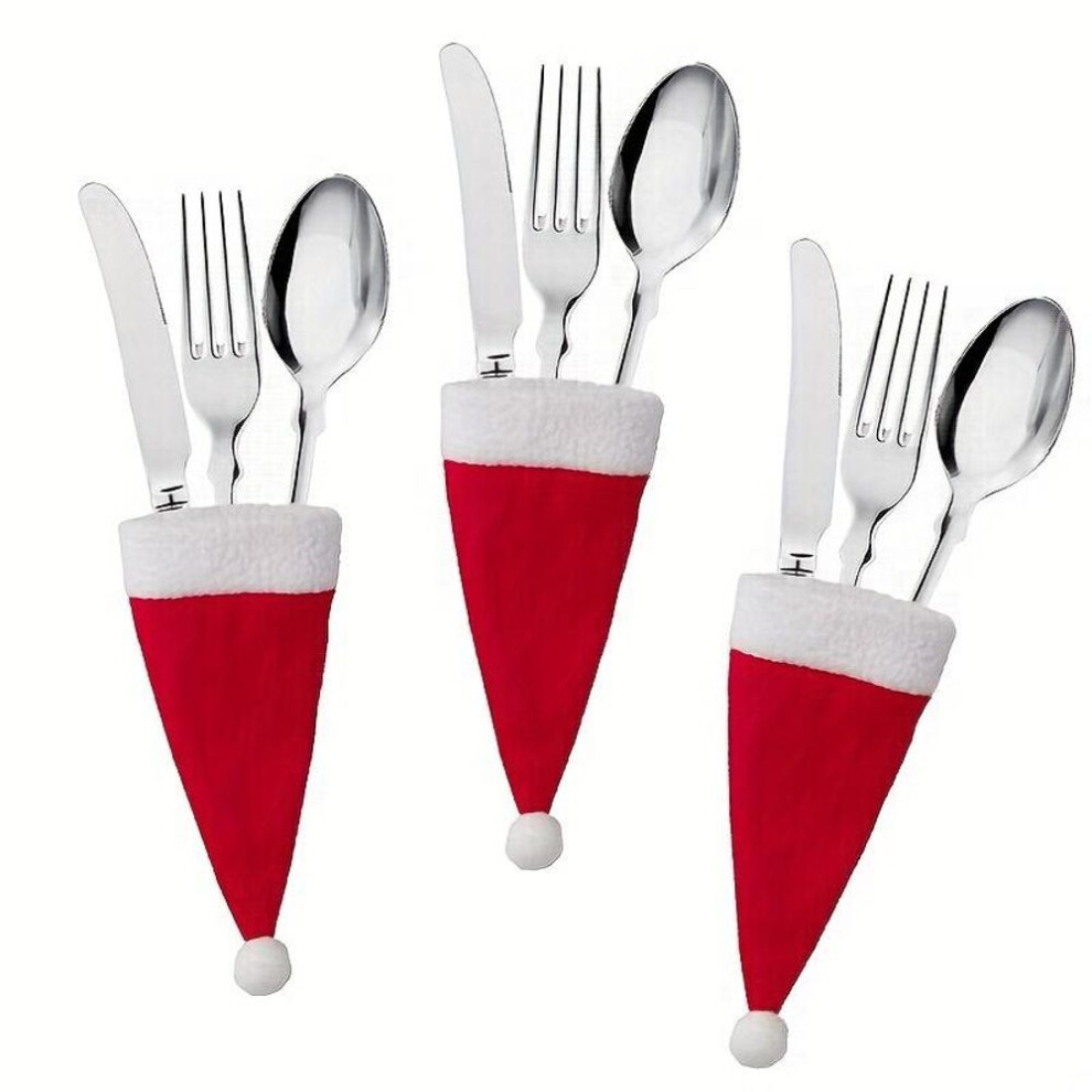 Christmas Knife & Fork Hats 10pcs- 2.36x4.72inch Red Mini Hats For Wine Bottles - Festive Table Decorations