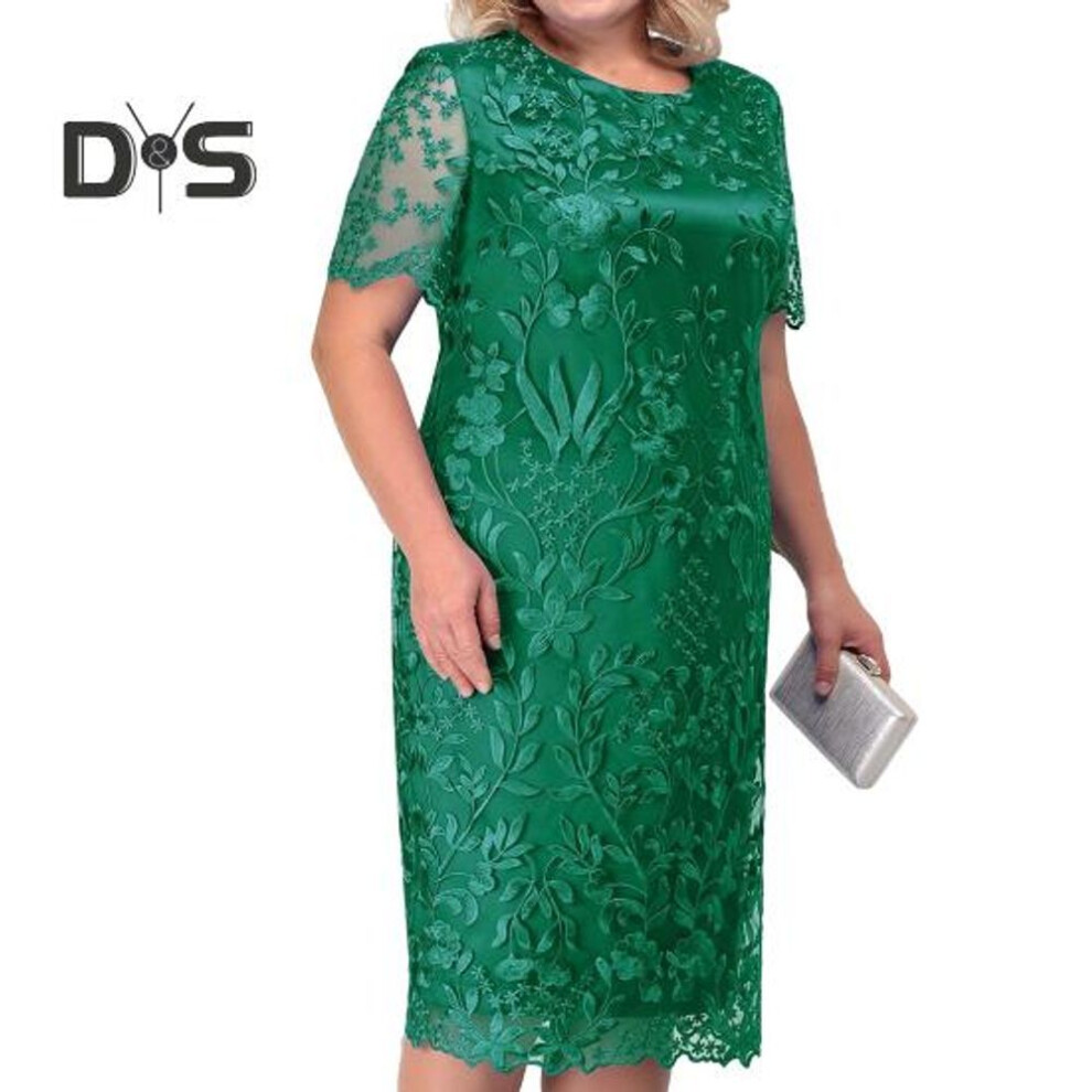 Women Dress Flower Embroidery Double Layers Short Sleeve Round Neck Mid calf Length Lace Plus Size Elegant Lady Midi Prom Party Dress