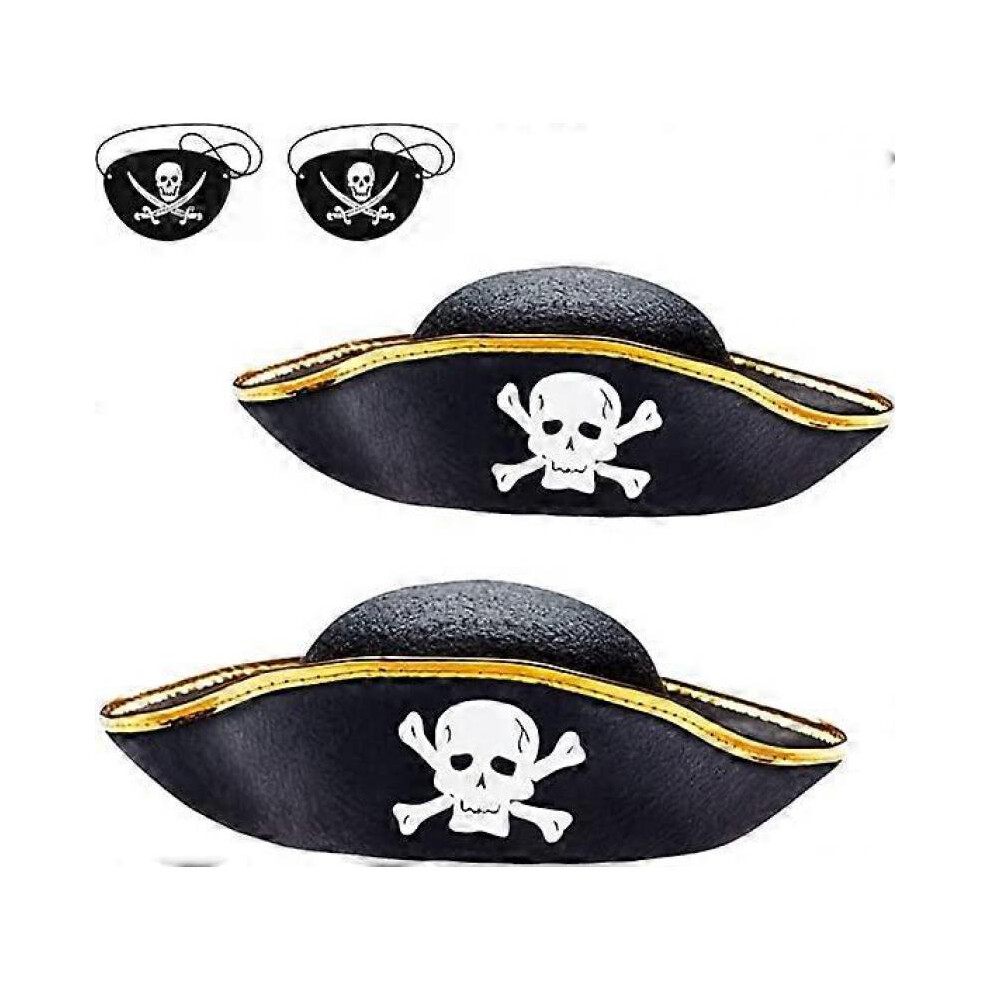 2-Pack Kids Felt Pirate Hats - Skull Print Pirate Costume - Halloween Accessory with Blindfold