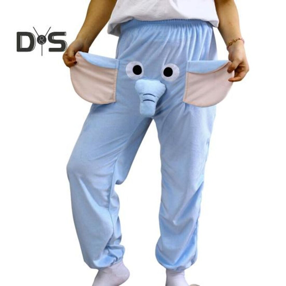 (L, blue) Cartoon Elephant Pattern Pajama Pants Wide Leg Design Women Men Lounge Pants Elastic Waistband Mid-rise Pajama Bottoms