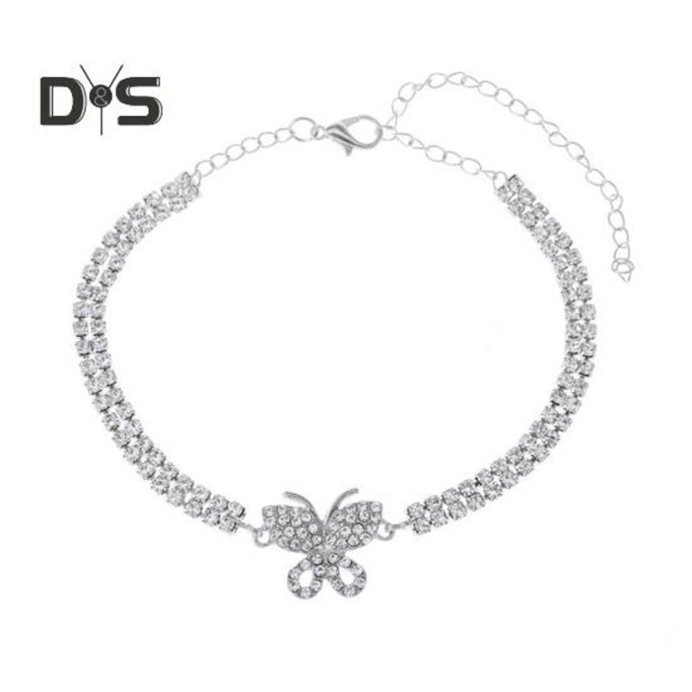 (silver) Women Anklet Double-layered Shiny Rhinestone Adjustable Length Butterfly Ankle Decoration Jewelry Party Beach Daily Ankle Chain Anniversary Birthday