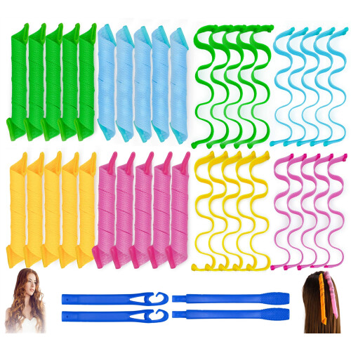 40PCS Curlers de Cabelo Mágicos Sem Calor em 2 Estilos com 4 Ganchos para DIY