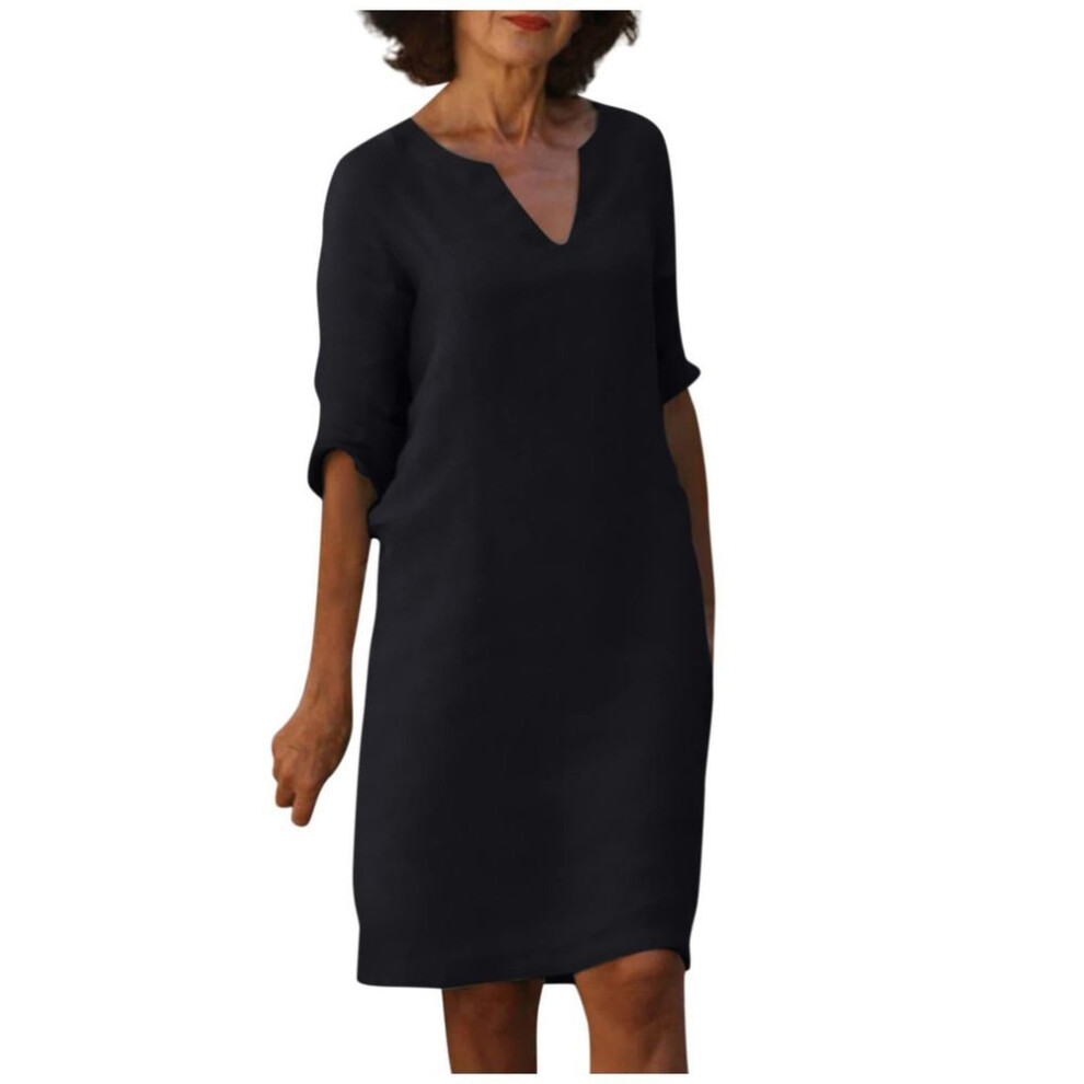 (black, S) European and American V-Neck Retro High Waist Cotton-Linen Dress - Solid Color, Three-Quarter Sleeves, Washed Wrinkled Fabric