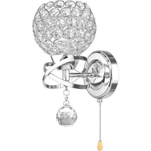 Modern Style Wall Lamp Crystal Wall Light Holder with Power Pull Switch Crystal Wall Sconce E14 Socket Silver