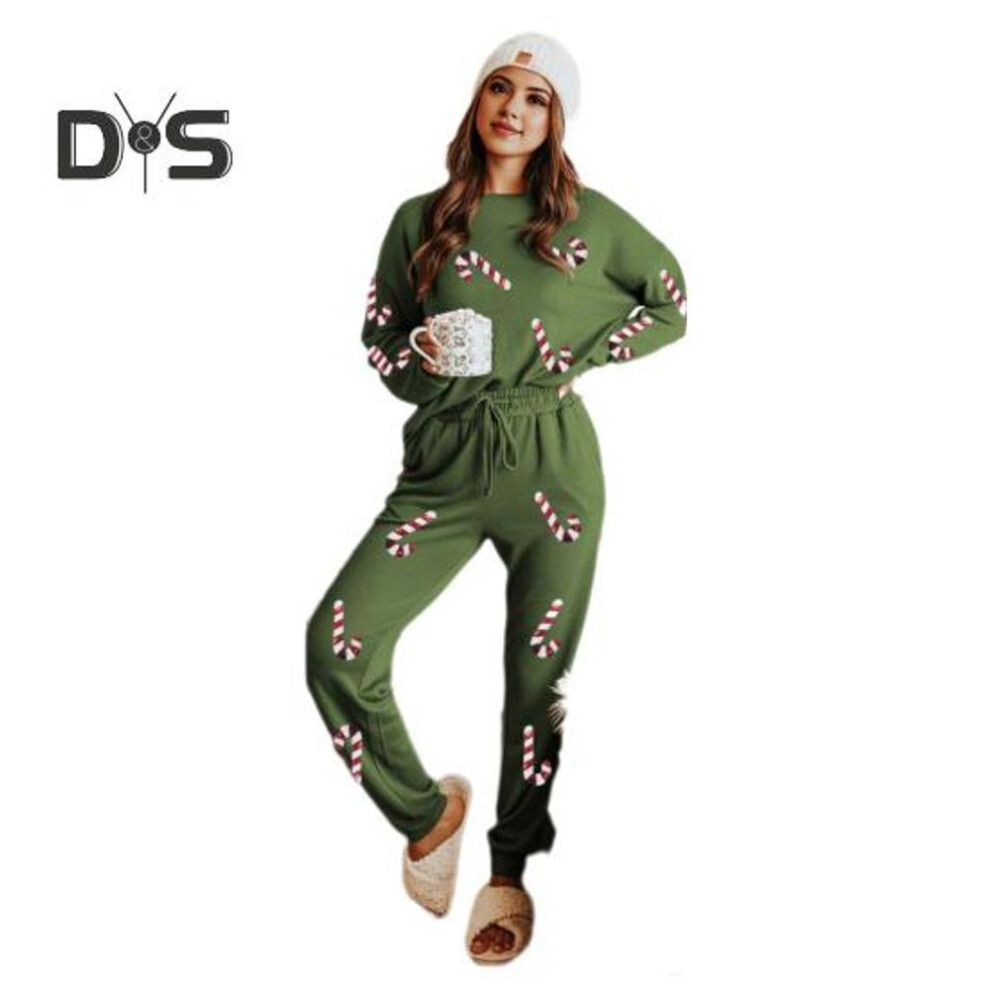 (green, L) 2 Pcs/Set Women Fall Winter Set Christmas Tree Snowman Santa Print Sequin O Neck Long Sleeve Top Elastic Waist Pants Set New Year Holiday Party