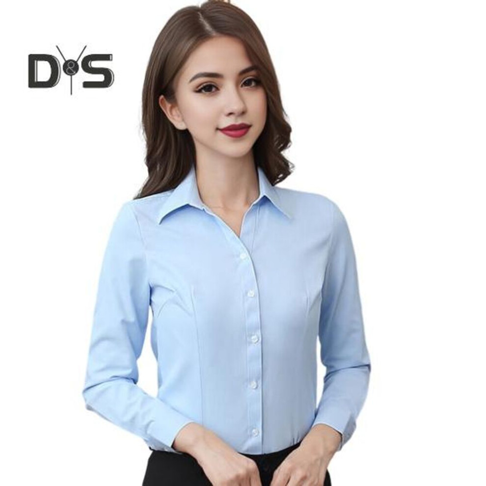 (2XL, blue) Women Shirt Lapel Long Sleeve Single Breasted Shirt Tops Solid Color Slim Fit Office Lady Shirt Work Wear