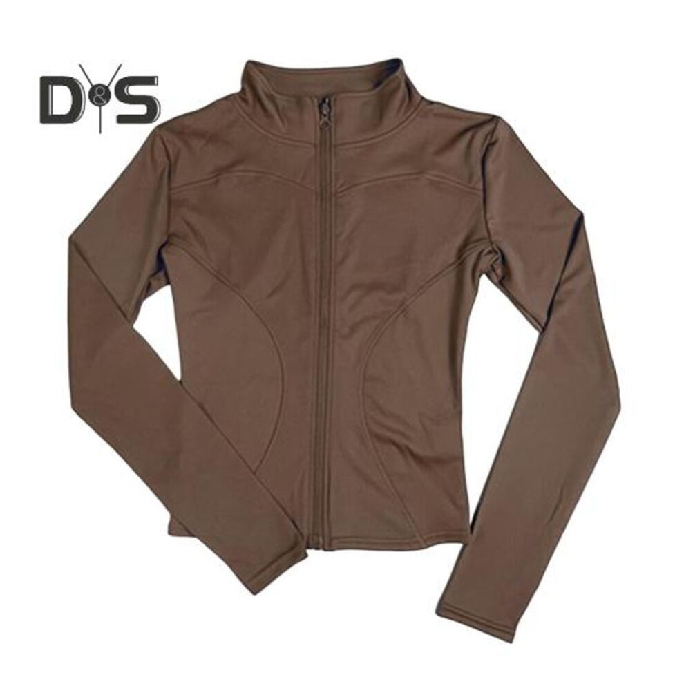 (L, dark coffee) Women Sports Jacket Full Zip High Elasticity Yoga Jacket Stand Collar Slimming Fitness Top For Running Yoga Workout