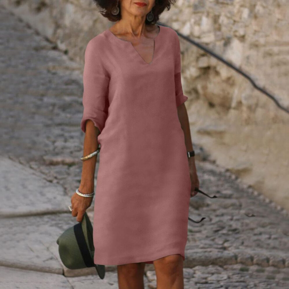 (dark pink, 2XL) European and American V-Neck Retro High Waist Cotton-Linen Dress - Solid Color, Three-Quarter Sleeves, Washed Wrinkled Fabric