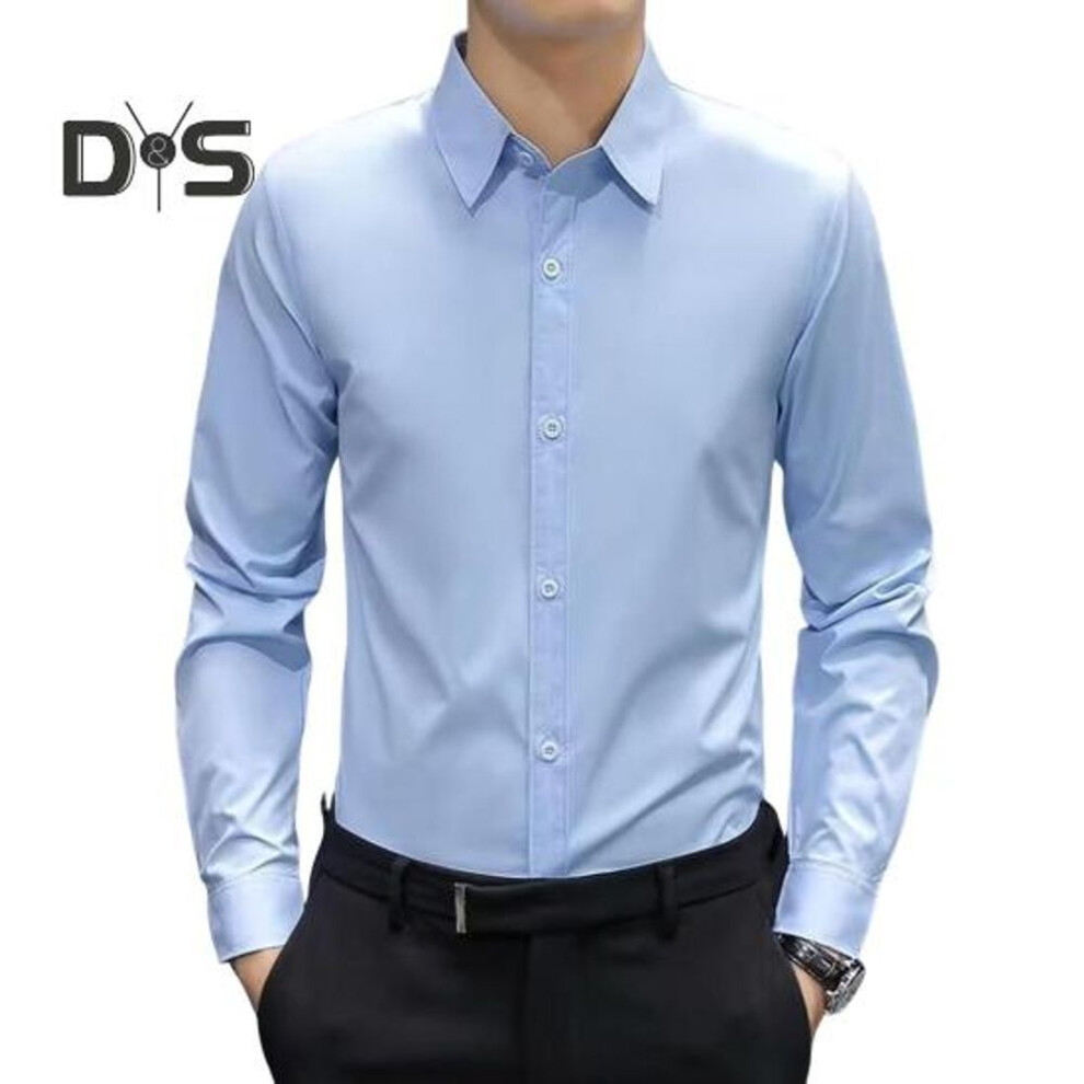 (XL, light blue) Men Formal Shirt Business Style Turn-down Collar Long Sleeves Slim Fit Single-breasted Solid Color Office Meeting Shirt