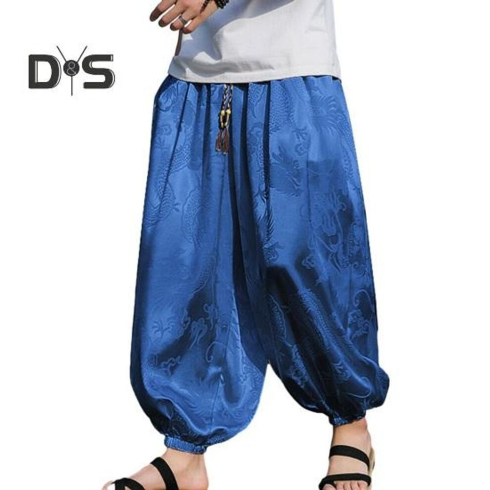 (blue, M) Men Pants Lantern Pants Hippie Boho Baggy Dragon Print Loose Ankle Banded Soft Breathable Harem Pants Long Yoga Pants