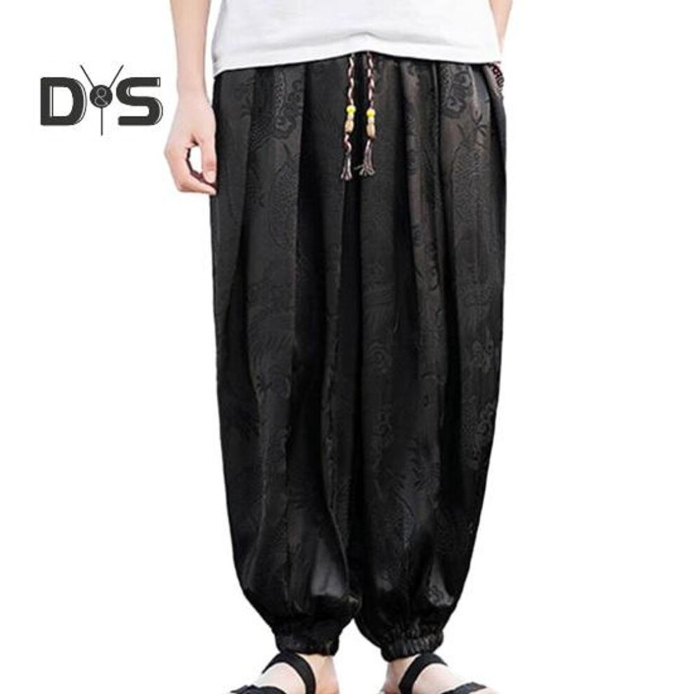 (black, M) Men Pants Lantern Pants Hippie Boho Baggy Dragon Print Loose Ankle Banded Soft Breathable Harem Pants Long Yoga Pants